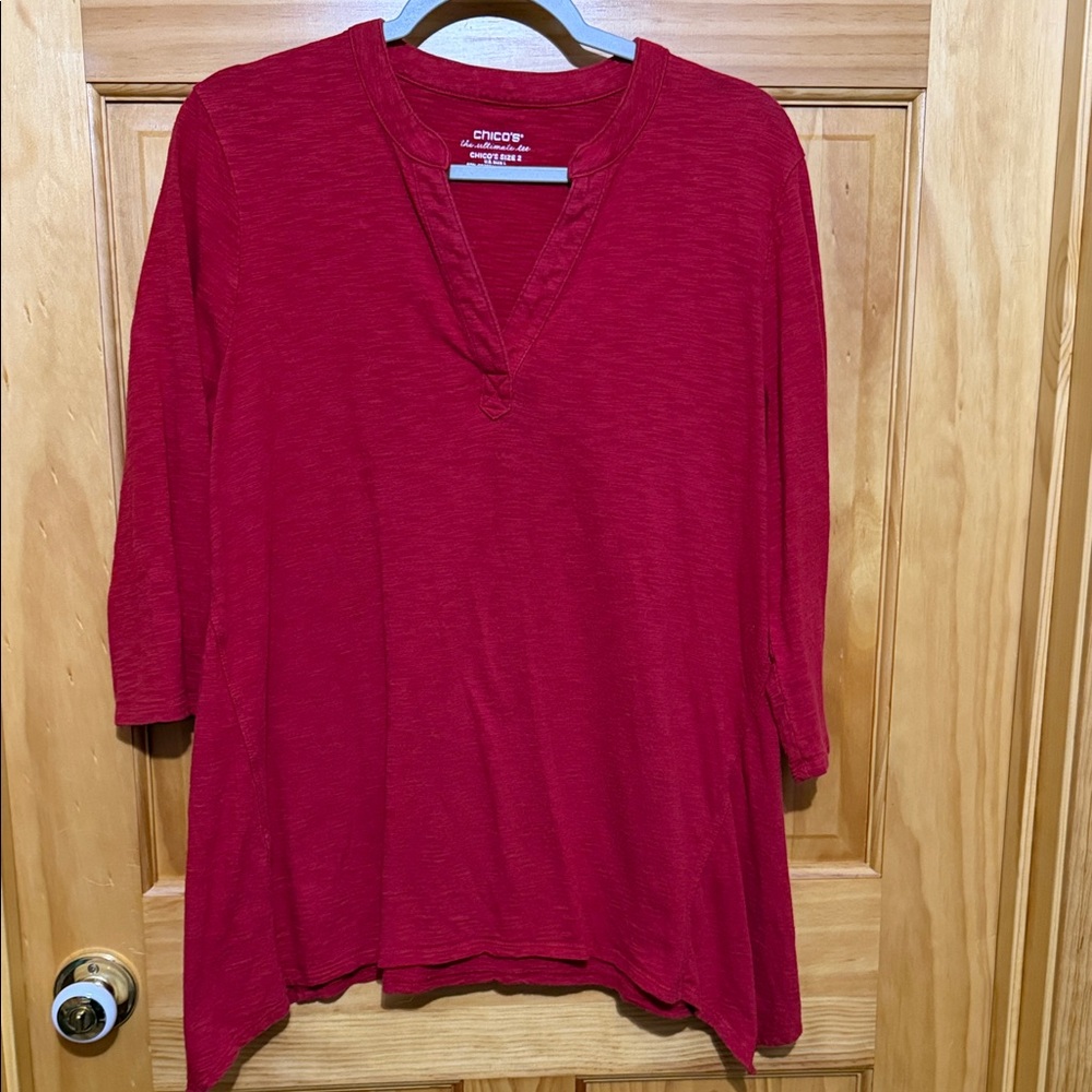 Chico's The Ultimate Red Tee Shirt Women's Tunic, V-Neck, 3/4 Sleeve, Size Large